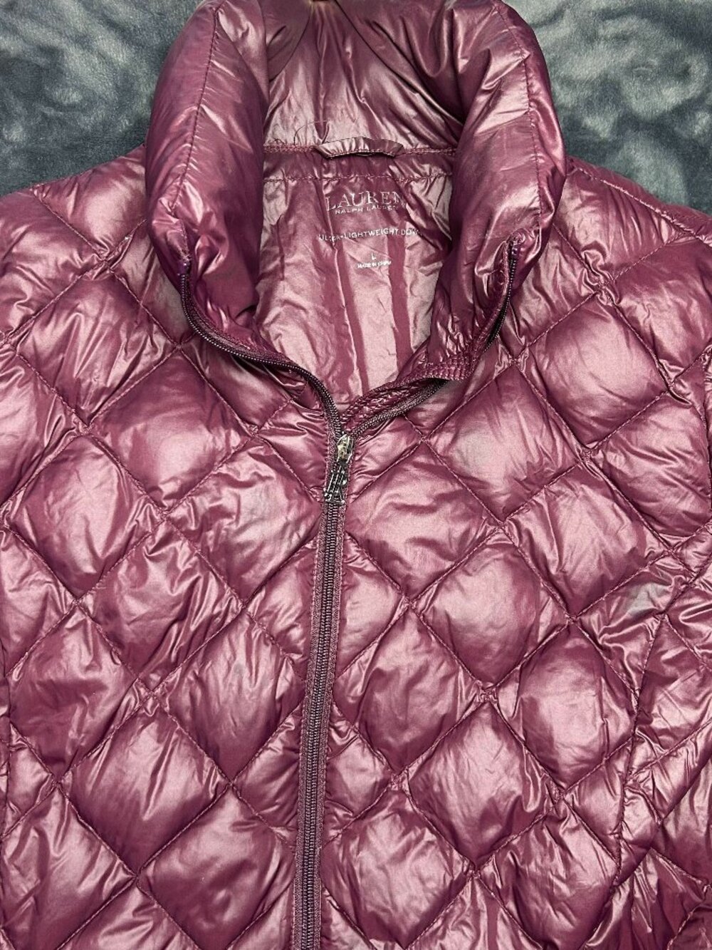 Lauren Ralph Lauren Ultralight Down Jacket L Metallic Plum Lightweight Rn 41381